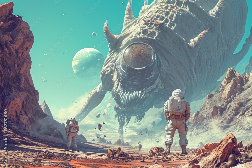 Poster a photo capturing a futuristic sci-fi setting featuring multiple repetitive elements, spacemen exami