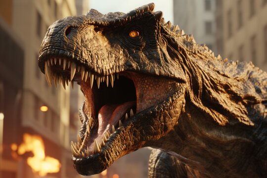 A chaotic scene unfolds as ancient beasts rampage through a modern city, triggering a frantic exodus as civilians scramble to escape the unexpected danger.