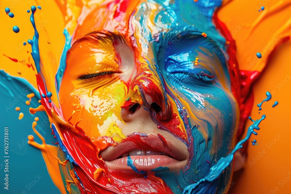 Poster a womans face is completely covered in vibrant and diverse colors of paint, creating a striking and 