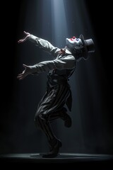 The clown performs on a dark stage. Dancing clown