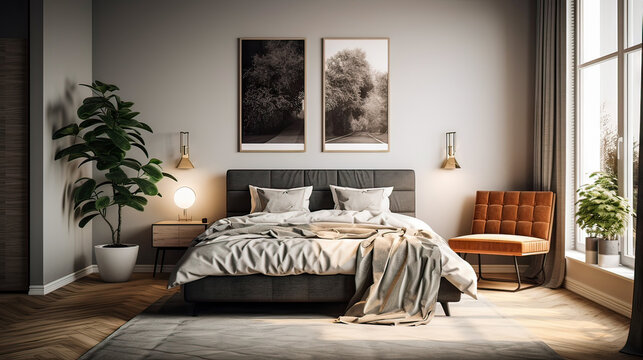 A bedroom with a large bed, a chair, and a potted plant. The room has a modern and minimalist design, with a neutral color palette and clean lines. The bed is covered in a white comforter and pillows