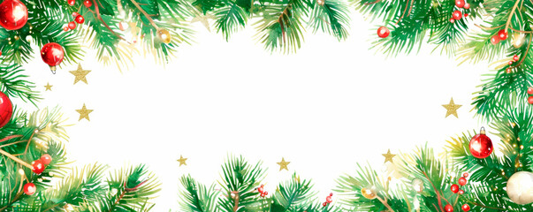 Fototapeta na wymiar A decorative border featuring green pine branches intertwined with shiny ornaments in various festive colors, creating a traditional Christmas design. Tree branch frame. Banner. Copy space