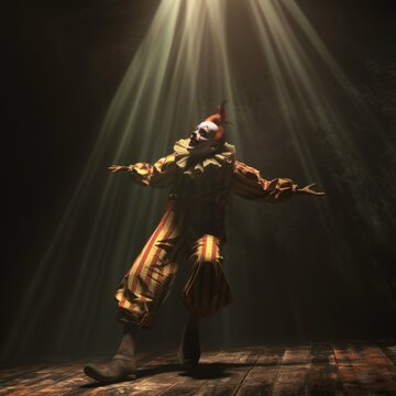 The clown performs on a dark stage. Dancing clown