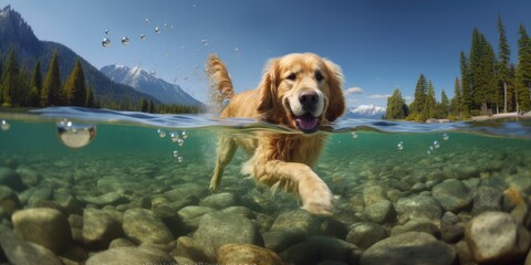 Carnivore dog swims in river with mountain backdrop, a scenic natural landscape - obrazy, fototapety, plakaty