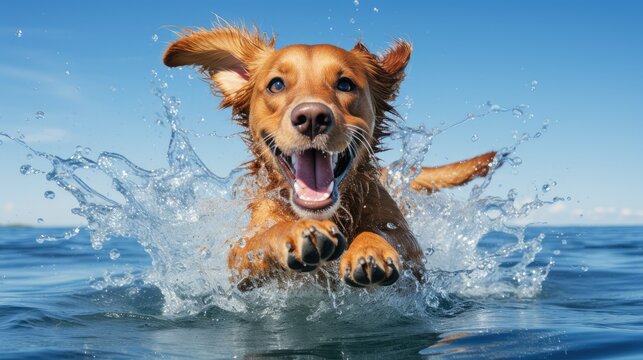 A Carnivore Sporting Group dog jumps into the liquid sky with its snout open