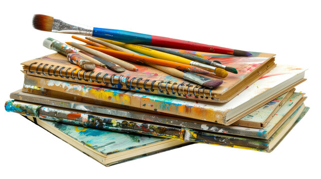 A stack of books with paint brushes resting on top, symbolizing creativity and artistic learning