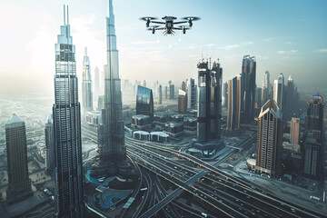 A futuristic city skyline dominated by towering skyscrappers