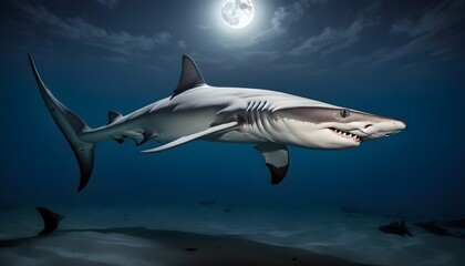 A Hammerhead Shark Hunting At Night Under The Moon Upscaled - obrazy, fototapety, plakaty