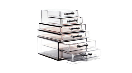 A stack of clear drawers in various sizes and shapes neatly arranged on top of each other