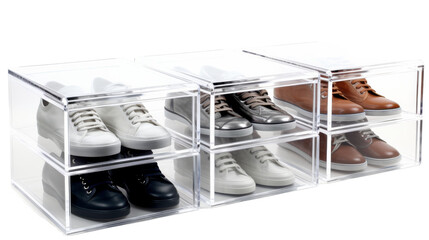 A set of four sleek clear acrylic shoe boxes lined up neatly, ready to showcase and organize your footwear collection