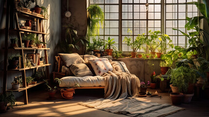 A cozy living room with a white bed and a white blanket. The room is filled with plants and has a lot of natural light coming in through the windows