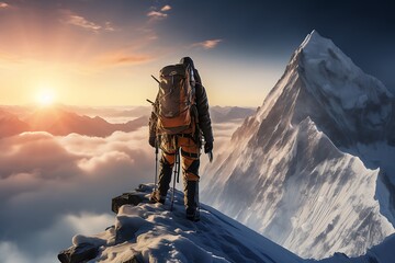 Hiker in Himalaya mountains at sunset. Man with backpack and trekking poles - obrazy, fototapety, plakaty