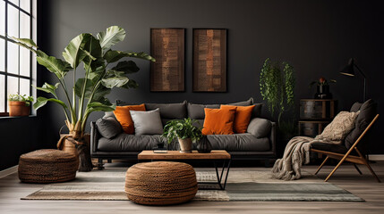 A living room with a large couch, a coffee table, and a potted plant. The room has a modern and stylish design, with a black and white color scheme. The couch is covered in orange pillows - obrazy, fototapety, plakaty