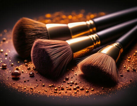 Macro photo of professional makeup brushes in powder