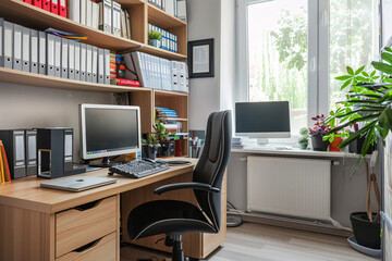 A home office with modular furniture shelves