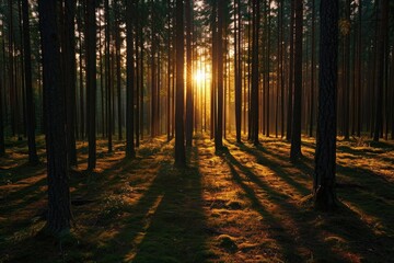 A photo capturing the suns rays shining through the dense canopy of trees in a vibrant forest, Sunset casting long shadows in a dense forest, AI Generated
