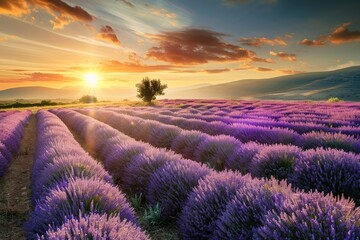 A picturesque scene capturing a field of colorful lavender flowers as the sun sets in the background, Sunrise over fields of lavender in full bloom, AI Generated