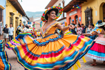 A lively street fiesta in a Latin American town