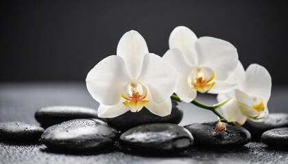 Obraz na płótnie Canvas white orchid flowers on black stones