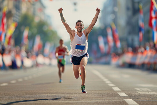 A determined runner crossing the finish line of a marathon