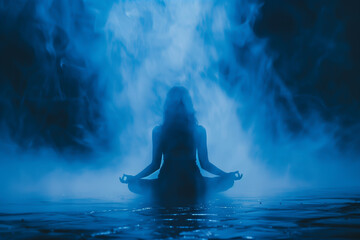 Woman meditating in lotus position in pool of water with blue light - obrazy, fototapety, plakaty