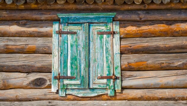 window covered with painted wooden shutters on a log wall in a traditional siberian hut russia irkutsk