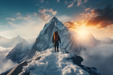 Hiker in Himalaya mountains at sunset. Man with backpack and trekking poles - obrazy, fototapety, plakaty