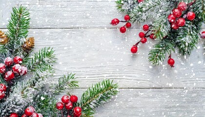 christmas background with tree branches and holly berries white wooden table snowfall drawing effect top view copy space