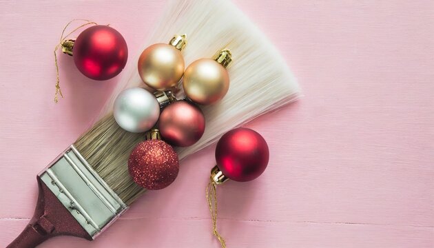 paint brush with christmas ornaments on pastel pink table minimal new year background decoration concept flat lay