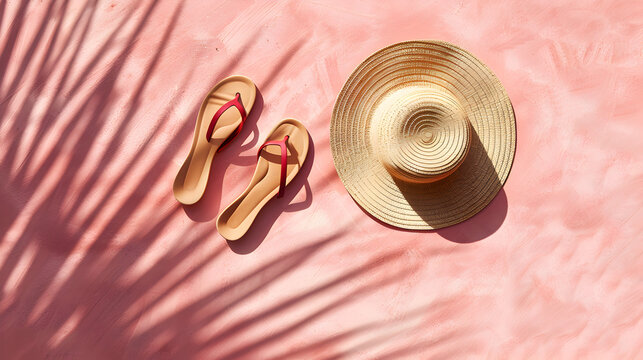 A top view of a summer hat and a pair of sandals casting artistic shadows on a pastel - colored background.
