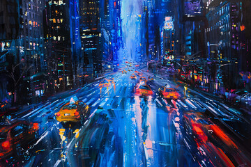 A dynamic cityscape at rush hour with streams of headlights