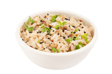 Whole rice inside a white ceramic bowl with sesame seeds isolated in white background in front view