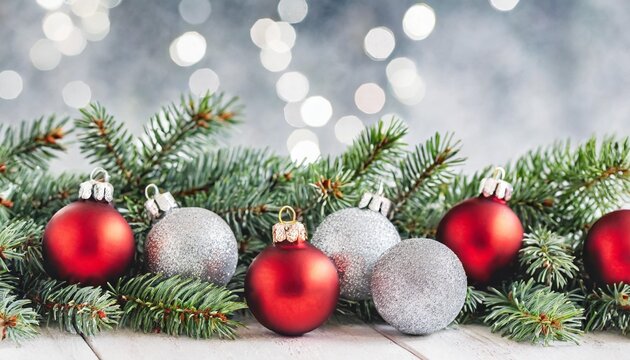 christmas horizontal banner fir tree branches with red and silver christmas balls on white backgroun