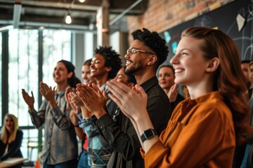 A diverse group of individuals enthusiastically applauding together, expressing their appreciation and support, Team members giving a standing ovation during a presentation, AI Generated