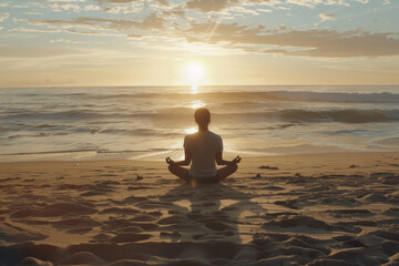 Fototapeta na wymiar A person meditating on the beach at sunrise, their posture serene.