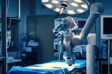 A robotic machine performs surgery on a hospital bed in a sterile operating room, Teleoperated surgical robot performing a minimally invasive surgery, AI Generated