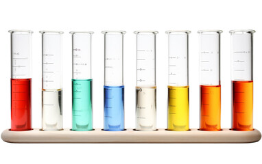 A colorful row of test tubes filled with various liquids on a laboratory bench - obrazy, fototapety, plakaty