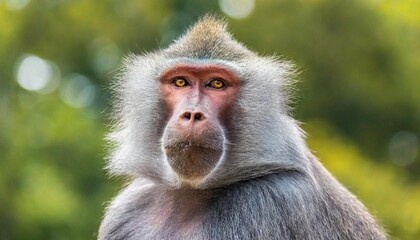 adult old baboon monkey pavian papio hamadryas close face expression observing staring vigilant looking at camera with green bokeh background out focus hairy adult baboon with silver grey hair - obrazy, fototapety, plakaty