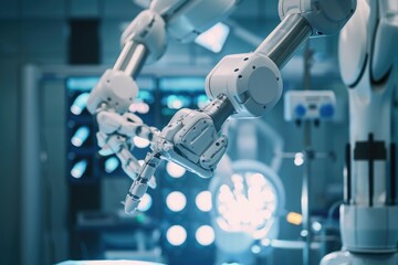 Robotic arms performing precise surgeries in a modern hospital operating room, Teleoperated surgical robot performing a minimally invasive surgery, AI Generated