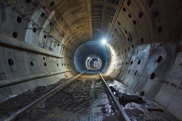 A train track passes through a dark tunnel as it continues on its journey, The construction process of a high-tech tunnel with integrated safety features, AI Generated - Powered by Adobe