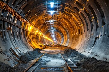 A dark tunnel with a train track cutting through it, illuminated by the headlights of a passing train, The construction process of a high-tech tunnel with integrated safety features, AI Generated