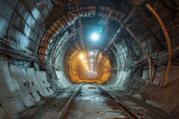 A train track passes through a tunnel, creating an intersection between transportation and infrastructure, The construction process of a high-tech tunnel with integrated safety features, AI Generated