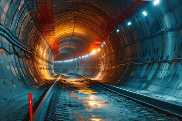 A train track cuts through a tunnel, providing a passage for trains to travel through, The construction process of a high-tech tunnel with integrated safety features, AI Generated
