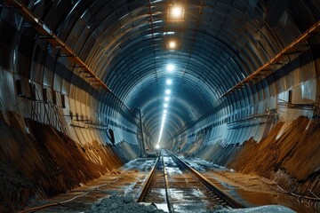 A train track extends through a tunnel, disappearing into the darkness as it continues on its journey, The construction process of a high-tech tunnel with integrated safety features, AI Generated - obrazy, fototapety, plakaty