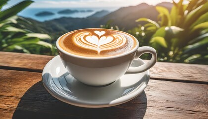 hot coffee cup latte with heart shaped latte art milk foam on white saucer illustration transparent background png