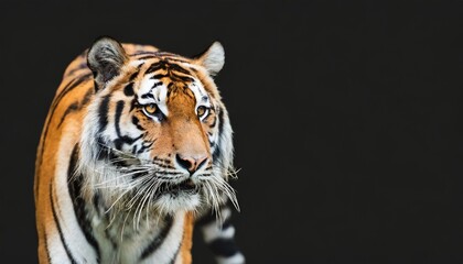 tiger portrait isolated on black background spectacular majestic proud animal walking forward wide panoramic banner with panthera tigris and empty copy space - obrazy, fototapety, plakaty