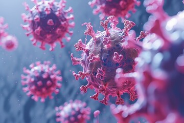 A dynamic image capturing a group of pink and blue corona, showcasing their vibrant colors and intricate patterns, The coronavirus model in detail, AI Generated - Powered by Adobe