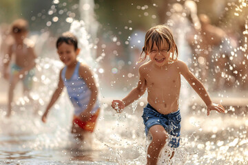 Obraz premium A candid moment of joy as children play and splash