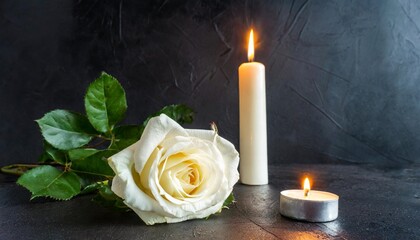 condolence grieving card loss funerals support elegant white rose with burning candle on a black texture background for sending words of support and comfort - obrazy, fototapety, plakaty