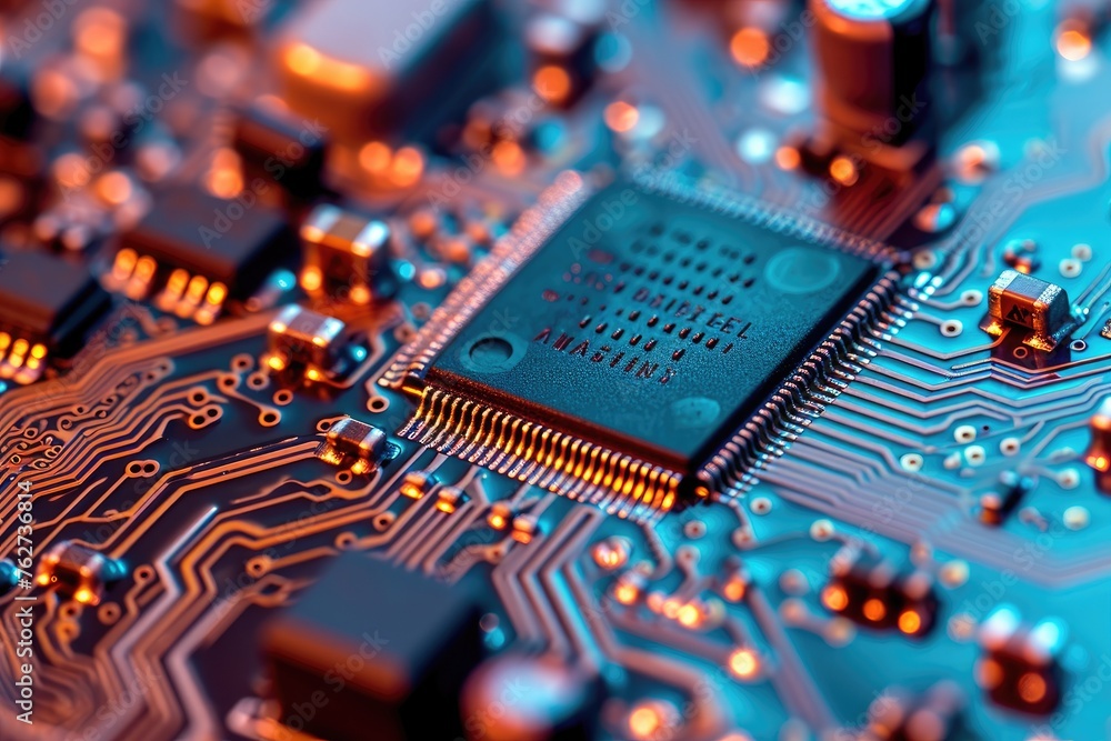Poster a detailed view of the intricate components and pathways on a computer circuit board, the inside of 